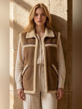 Milton Funwear Tan Vest with Cream Shearling Trim
